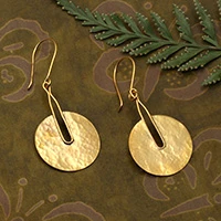 Gold-plated dangle earrings, 'Wheel of Triumph' - Balinese-Inspired 18k Gold-Plated Hammered Dangle Earrings