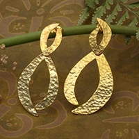 Gold-plated drop earrings, 'Grand Liaison' - Avant-Garde Hammered 18k Gold-Plated Drop Earrings from Bali