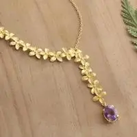 Gold-plated amethyst Y necklace, 'Purple Garden' - Ashoka Flower-Themed Gold-Plated Amethyst Pendant Y Necklace