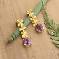 Gold-plated amethyst dangle earrings, 'Purple Garden' - 7-Carat Amethyst Gold-Plated Ashoka Flower Dangle Earrings