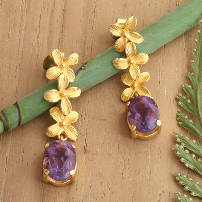 Gold-plated amethyst dangle earrings, 'Purple Garden' - 7-Carat Amethyst Gold-Plated Ashoka Flower Dangle Earrings