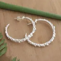 Sterling silver half-hoop earrings, 'Delicate Orbs' - Textured Silver Half-Hoop Earrings with Bubble Orb Accents