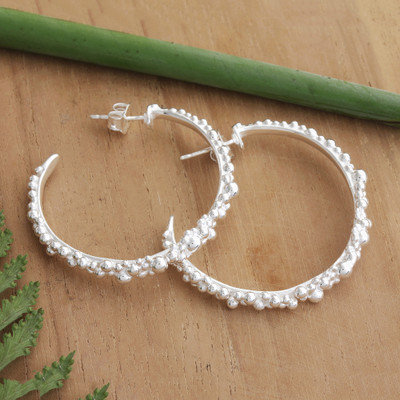 Sterling silver half-hoop earrings, 'Delicate Orbs' - Textured Silver Half-Hoop Earrings with Bubble Orb Accents