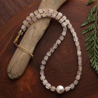 Gold-accented rose quartz and cultured pearl beaded pendant necklace, 'Strawberry Gin' - Gold-Accented Rose Quartz Cultured Pearl Pendant Necklace