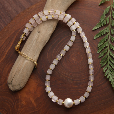 Gold-accented rose quartz and cultured pearl beaded pendant necklace, 'Strawberry Gin' - Gold-Accented Rose Quartz Cultured Pearl Pendant Necklace