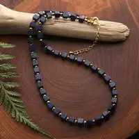 Gold-accented lapis lazuli beaded strand necklace, 'Midnight Margarita' - Strand Necklace with Cubic Lapis Lazuli Gems Gold Accents