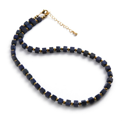 Gold-accented lapis lazuli beaded strand necklace, 'Midnight Margarita' - Strand Necklace with Cubic Lapis Lazuli Gems Gold Accents