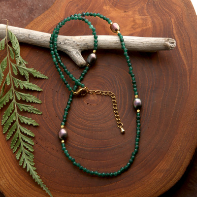 Gold-accented green agate and cultured pearl beaded necklace, 'Gala of Green' - 18k Gold-Accented Agate Green and Blue Pearl Beaded Necklace