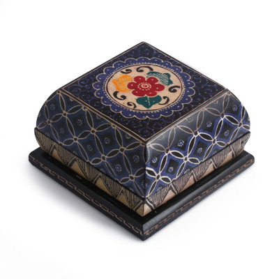 Batik wood jewelry box, 'Square Indigo Garden' - Blue Floral-Themed Batik Wood Jewelry Box Lined in Velvet
