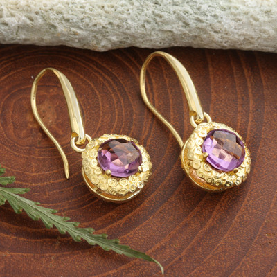 Gold-plated amethyst dangle earrings, 'Shining Glam' - Gold-Plated Dangle Earrings with 3.5-Carat Amethyst Stones