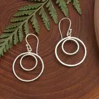 Sterling silver dangle earrings, 'Moonlight Magnetism' - Double-Hoop Hammered Sterling Silver Dangle Earrings
