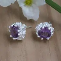 Amethyst button earrings, 'Anemone of the Ocean' - 3-Carat Amethyst Silver Button Earrings with Anemone Theme