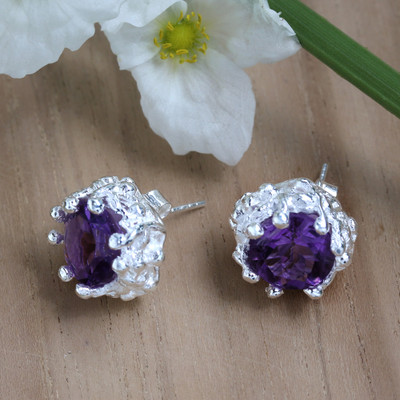 Amethyst button earrings, 'Anemone of the Ocean' - 3-Carat Amethyst Silver Button Earrings with Anemone Theme