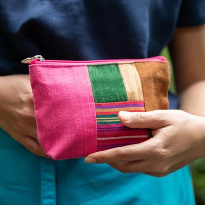 Cotton cosmetic bag, 'Lovely Lurik' - Javanese Lurik Handwoven Patchwork Cotton Cosmetic Bag