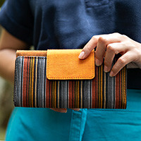 Cotton wallet, 'Lily & Fall' - Striped Faux-Leather Accented Cotton Wallet in Warm Hues