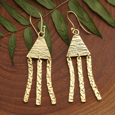Gold-plated dangle earrings, 'Swaying Grace' - Textured Gold-Plated Brass Dangle Earrings with Swaying Bars