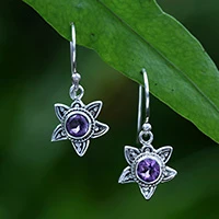Amethyst dangle earrings, 'Violet Sunflower' - Amethyst Silver Dangle Earrings with Sunflower Design