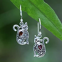 Garnet dangle earrings, 'Crimson Lazy Cat' - Cat-Themed Whimsical Textured Garnet Silver Dangle Earrings