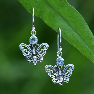 Blue topaz dangle earrings, 'Azure Butterflies' - Butterfly-Themed Openwork Blue Topaz Silver Dangle Earrings
