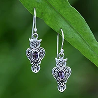 Amethyst dangle earrings, 'Purple Owl' - Owl-Shaped Textured Amethyst Sterling Silver Dangle Earrings