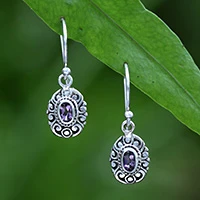 Amethyst dangle earrings, 'Bali in Blooms' - Traditional Balinese Silver Earrings with Amethyst Stones