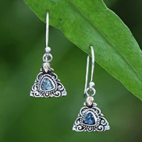 Gold-accented blue topaz dangle earrings, 'Blooming Triangle' - Gold-Accented Blue Topaz Silver Triangular Dangle Earrings