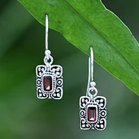 Garnet dangle earrings, 'Clover Frame' - Garnet and Sterling Silver Dangle Earrings with Ornate Frame