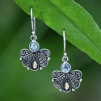 Gold-accented blue topaz dangle earrings, 'Peacock Tail' - Peacock Tail-Themed Gold-Accented Blue Topaz Silver Earrings