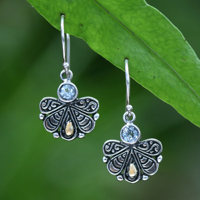 Gold-accented blue topaz dangle earrings, 'Peacock Tail' - Peacock Tail-Themed Gold-Accented Blue Topaz Silver Earrings