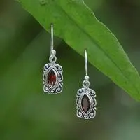 Garnet dangle earrings, 'Swirling Frame' - Garnet Sterling Silver Dangle Earrings with Swirling Motifs