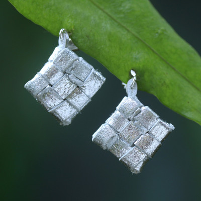 Leather drop earrings, 'Rice Cake' - Hand-Painted Modern Geometric Leather Drop Earrings
