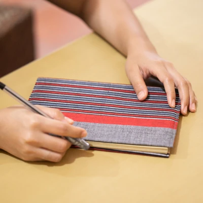 Cotton notebook, 'Memory of Java' - Striped Red and Grey Cotton 50-Page Notebook with Pocket