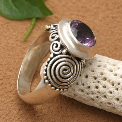 Amethyst cocktail ring, 'Purple Whirlpool' - Amethyst Silver Cocktail Ring with Whirlpool Patterns