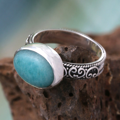 Amazonite cocktail ring, 'Ocean Luster' - Sterling Silver Cocktail Ring with Cabochon Amazonite Stone