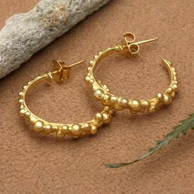 Gold-plated half-hoop earrings, 'Bubbling Orbs' - Gold-Plated Half-Hoop Earrings with Popcorn Bubble Orb Theme