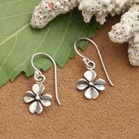 Sterling silver dangle earrings, 'Swaying Charming Clover' - Lucky Four-Leaf Clover-Themed Silver Dangle Earrings