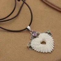 Amethyst and peridot pendant necklace, 'Angelic Love' - Wing and Heart-Themed Amethyst Peridot and Silver Necklace