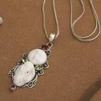 Multi-gemstone pendant necklace, 'Elephant and Moon' - Elephant Moon-Themed Garnet Peridot Amethyst Silver Necklace