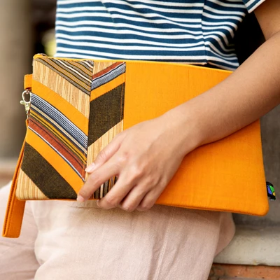 Cotton wristlet, 'Stripes and Glam' - Javanese Handwoven Lurik Patchwork Cotton Wristlet Clutch