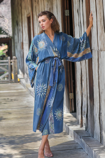 Women's batik robe, 'Midnight in Blue' - Women's Handcrafted Batik Robe