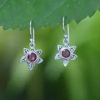 Garnet dangle earrings, 'Crimson Sunflower' - Natural Garnet and Sterling Silver Floral Dangle Earrings