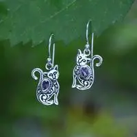 Amethyst dangle earrings, 'Purple Lazy Cat' - Whimsical Sterling Silver and Amethyst Cat Dangle Earrings