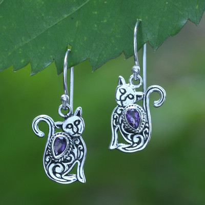 Amethyst dangle earrings, 'Purple Lazy Cat' - Whimsical Sterling Silver and Amethyst Cat Dangle Earrings