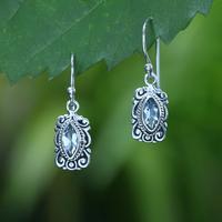 Blue topaz dangle earrings, 'Heavenly Frame' - Baroque-Inspired 1-Carat Faceted Blue Topaz Dangle Earrings