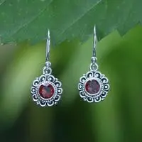 Garnet dangle earrings, 'Crimson Morning Flower' - Spring-Themed 1-Carat Faceted Natural Garnet Dangle Earrings