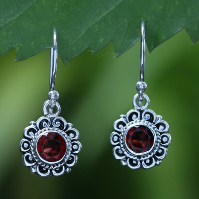 Garnet dangle earrings, 'Crimson Morning Flower' - Spring-Themed 1-Carat Faceted Natural Garnet Dangle Earrings