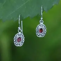 Garnet dangle earrings, 'Bali in Love' - Oxidized and Polished Natural Oval Garnet Dangle Earrings