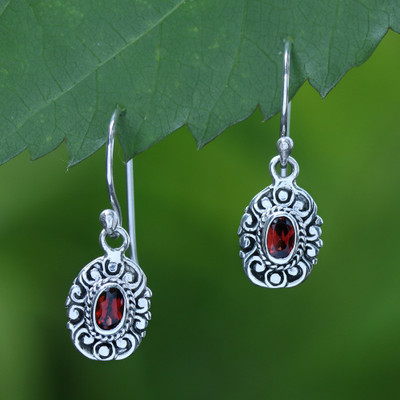 Garnet dangle earrings, 'Bali in Love' - Oxidized and Polished Natural Oval Garnet Dangle Earrings