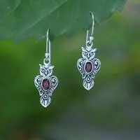 Garnet dangle earrings, 'Loving Owl' - Owl-Shaped Sterling Silver Dangle Earrings with Garnet Gems