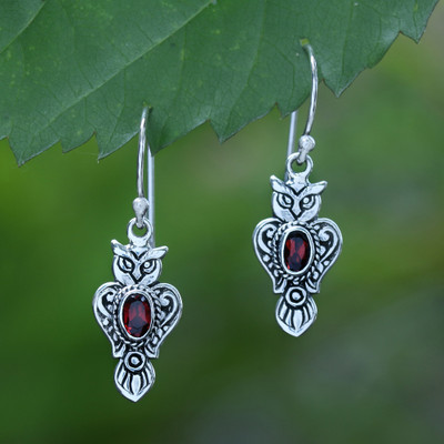 Garnet dangle earrings, 'Loving Owl' - Owl-Shaped Sterling Silver Dangle Earrings with Garnet Gems